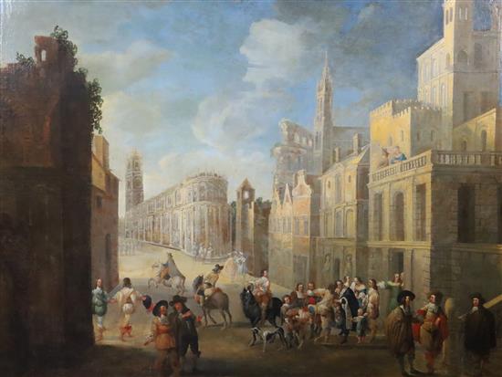 Attribuited to Jean Baptiste van Meunincxhove (1620-1704) Street scene with nobleman departing 32.5 x 42in.
